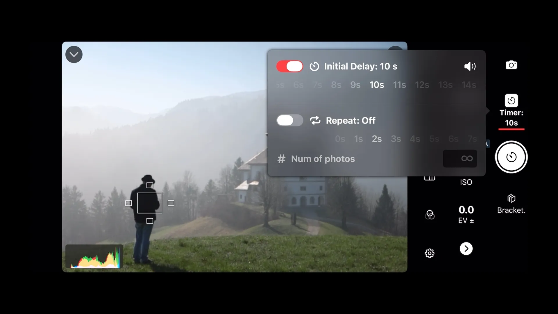 Set the initial delay timer to give yourself time to pocket your phone and assume your pose
