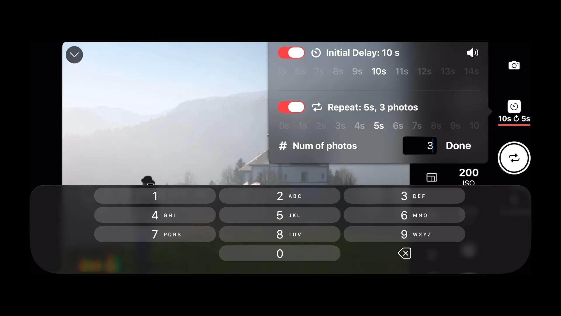 Use the Intervalometer to set the number of photos and delay between shots.