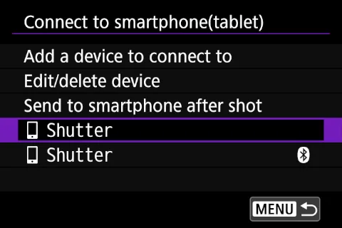 Connect to smartphone menu on Canon EOS camera with two Shutter apps visible. One with a Bluetooth logo and one without.