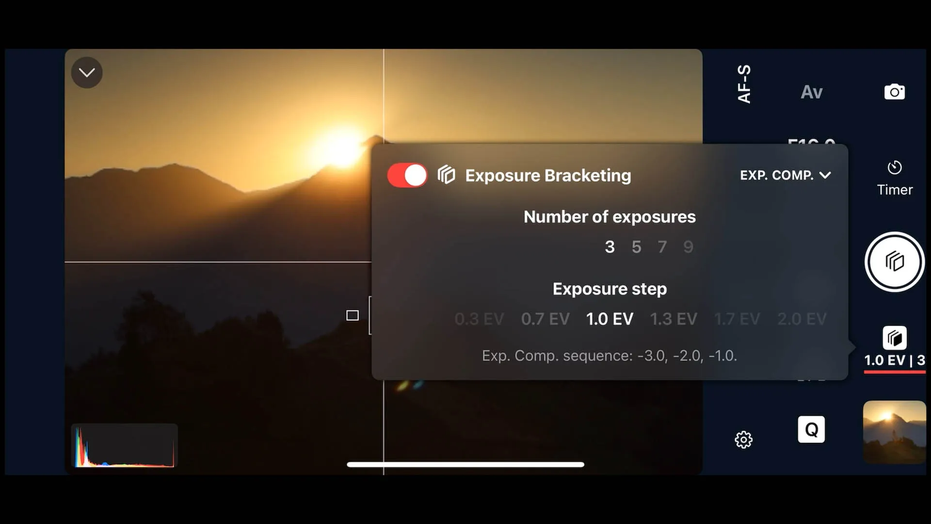 Setting the exposure bracketing in Shutter +