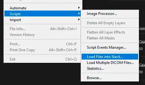 Photoshop File menu showing Scripts > Load Files into Stack