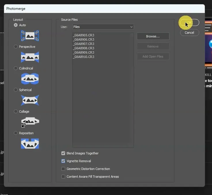 Using photomerge in Adobe Photoshop for a stitched panoramic photo