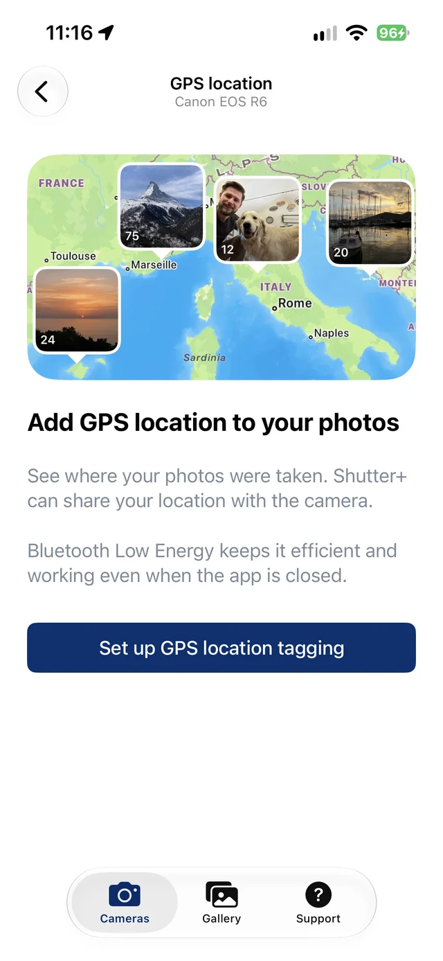 The new GPS tagging setup screen for compatible Canon and Sony cameras.