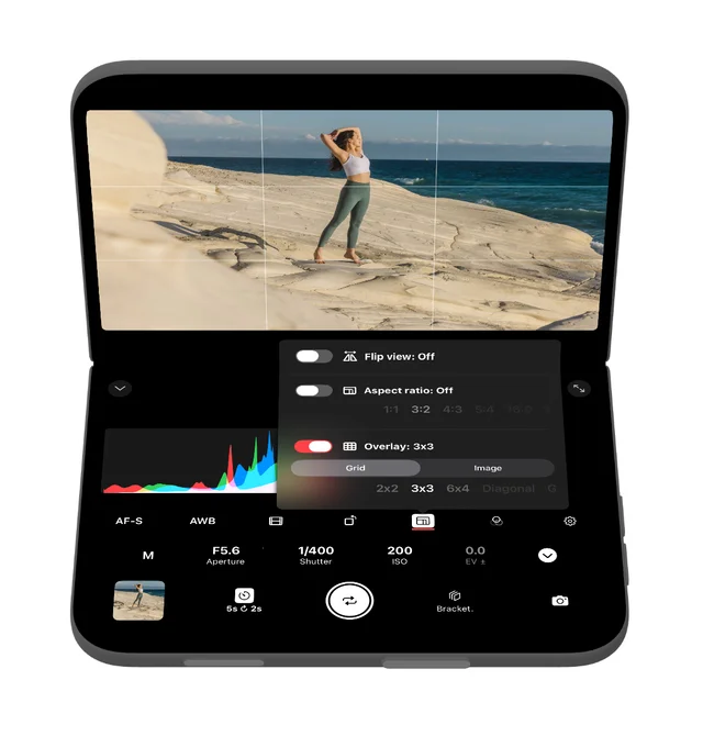 Shutter+ live view and composition tools on iPhone Duo.
