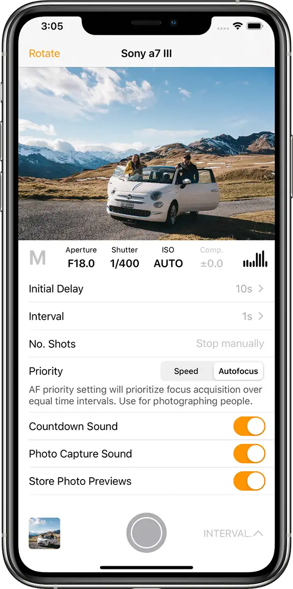 Intervalometer feature available on the Shutter app