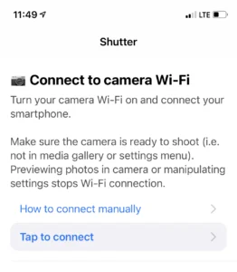 Instructions for connecting a Sony camera to Shutter.